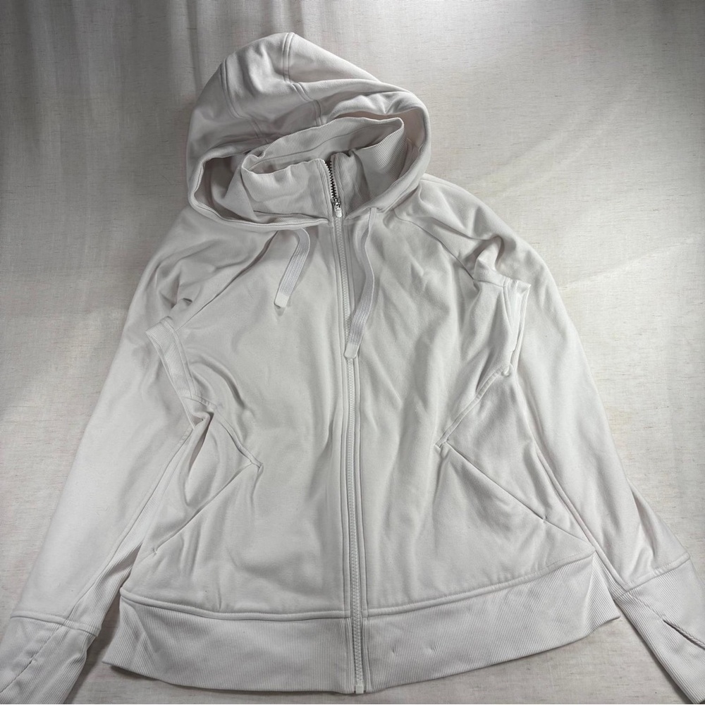 Athleta White Full Zip Hoodie Thumb Holes Hooded Pockets Women L